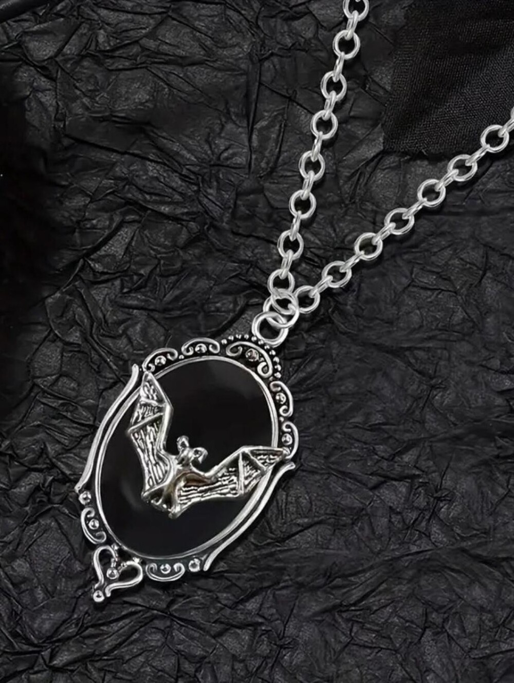 Black Gothic Bat Cameo Faux Fashion Pendant Necklace